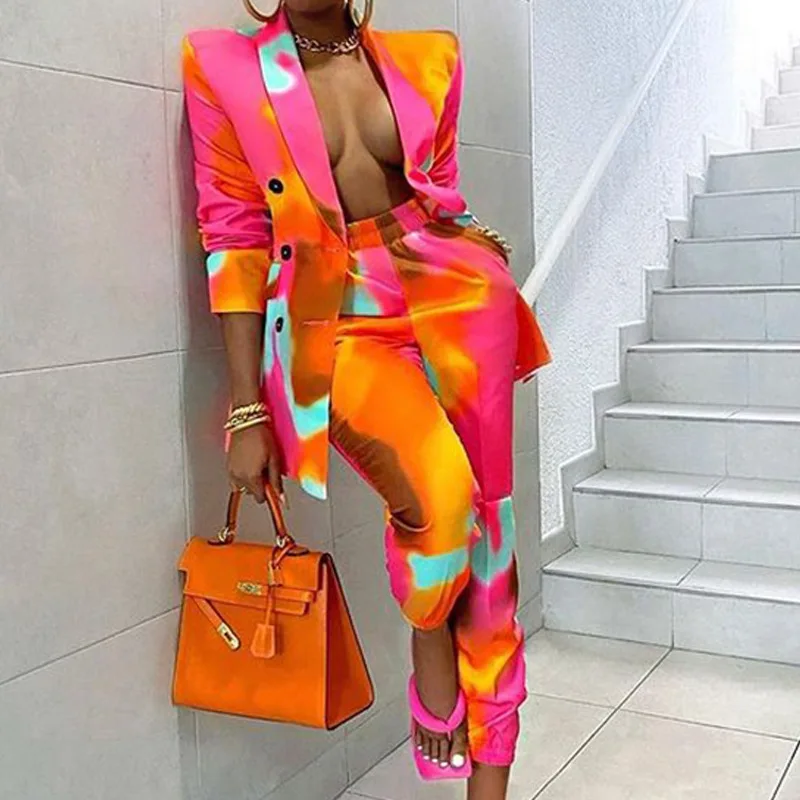 

2022 Women Clothing V Neck Long Sleeve Womens Suits Tuxedo Casual Ladies Jacket And Pant Set Femme Tie Dye Two Piece Blazer