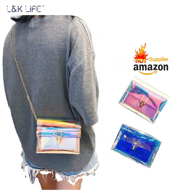 

2021 Hot sale low price New Korean fashion laser transparent girl shoulder Messenger bag, Blue, pink, sliver