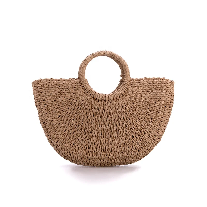 

Fashion luxury handmade summer woven beach straw semicircle mini tote bag for women handbag, Cream white, coffee (can be customized)