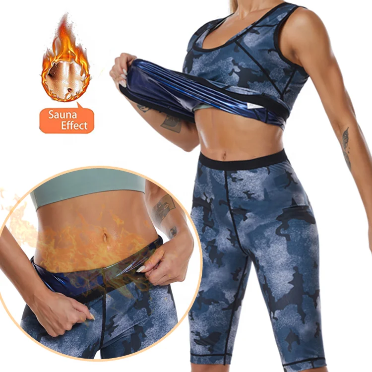 

Custom Camo Print Women Sauna Sweat Suit Body Shaper Slimming Vest and Pants Loss Weight Polymer Waist Trainer Sauna Suit