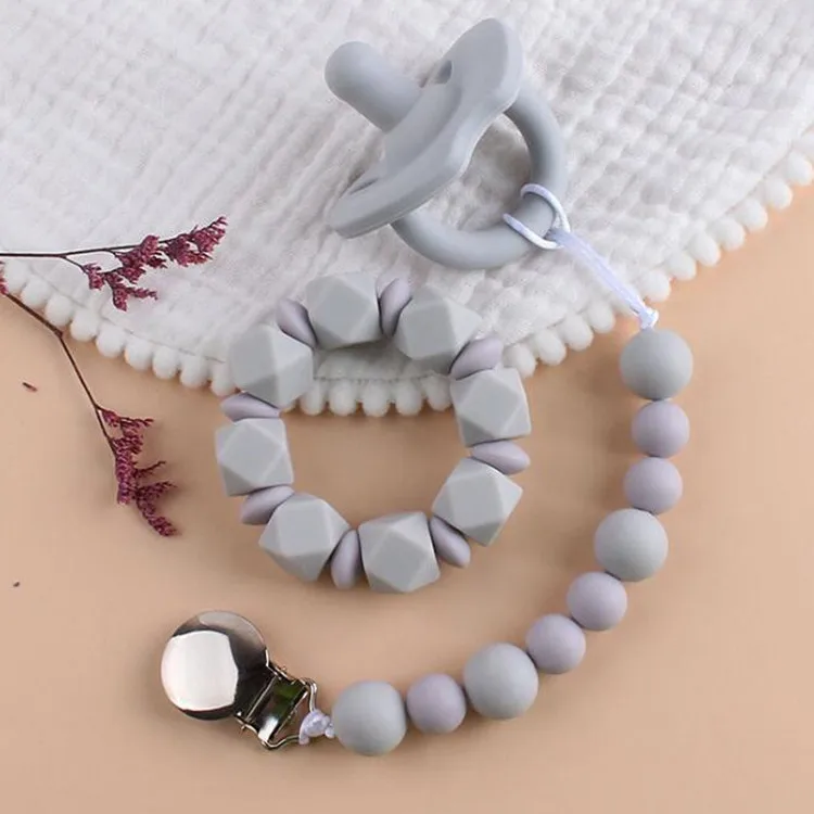

3pcs Pack BPA Free Food Grade Silicone Teether Bracelet Baby Pacifier With Pacifier Clip, 6 colors