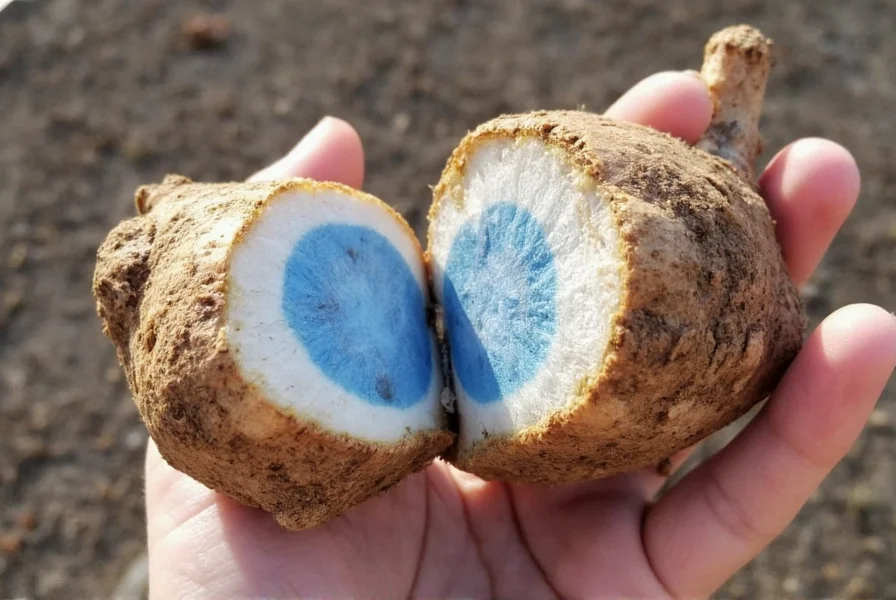 Freshly harvested greater galangal root showing the distinctive bluish interior when cut open, with soil still visible on the rhizome