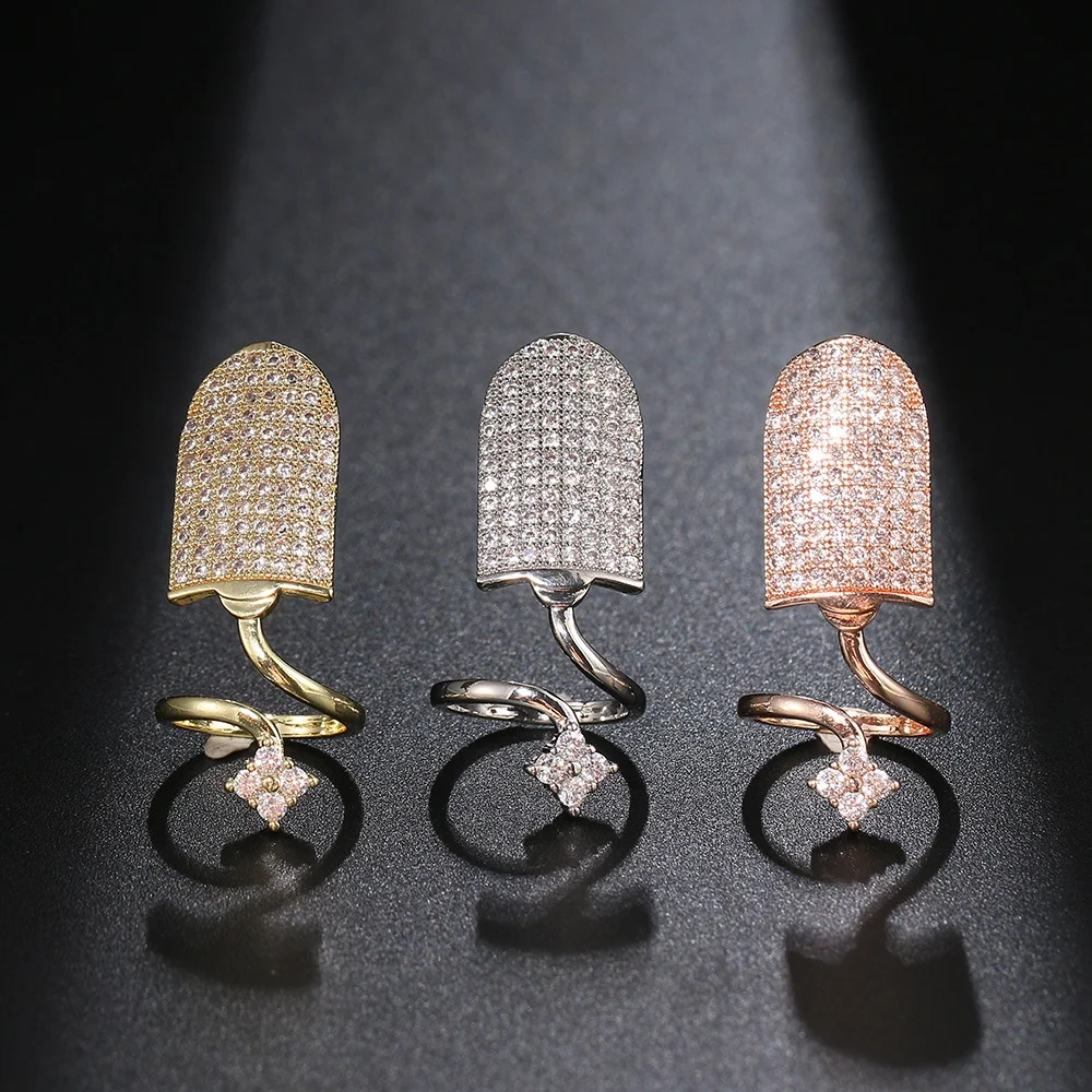

2022 Rhinestone Full Diamond Fingertip Nail Shining Armor Open Rings Adjustable Fingernail Protective Cover Jewelry Ring Women