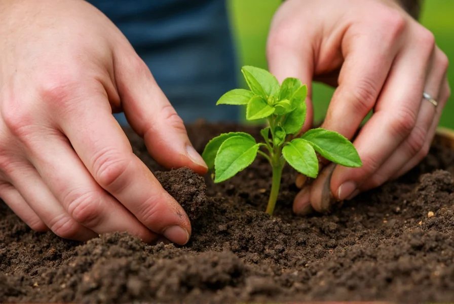 Close-up of hands planting pepper seedling in garden soil with proper depth