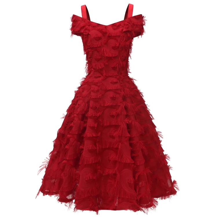 

Beauty Spaghetti Strap Feather Tassels Sleeveless Bridesmaid Party Wedding Dress