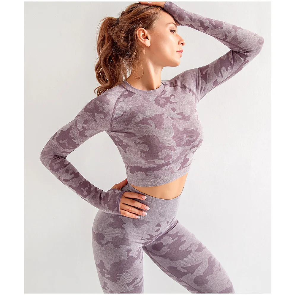 

2 Pieces Seamless Camouflage Women's Fall/winter Long-sleeved Fitness Yoga Set Women Dot Adults Lightweight Quick Dry Windproof, Gray, purple, light green