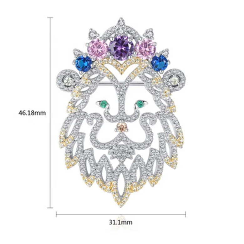 

Cartoon Lion Head Hollow Brooch Fashion Color Zircon Brooch, Platinum