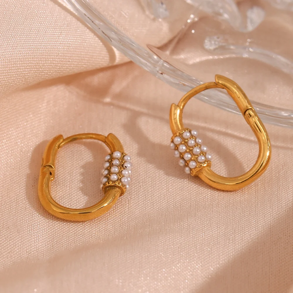 

Fine Jewelry Earrings U Shape Imitation Pearl Huggies Earrings Gold Plated Stainless Steel Earrings Women Jewelry