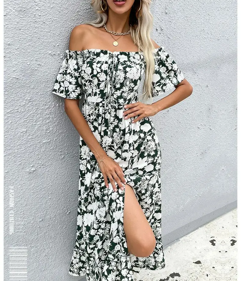 

2022 Summer Casual short sleeve Floral midi Dress ruffles tunic off shoulder dress with slit side