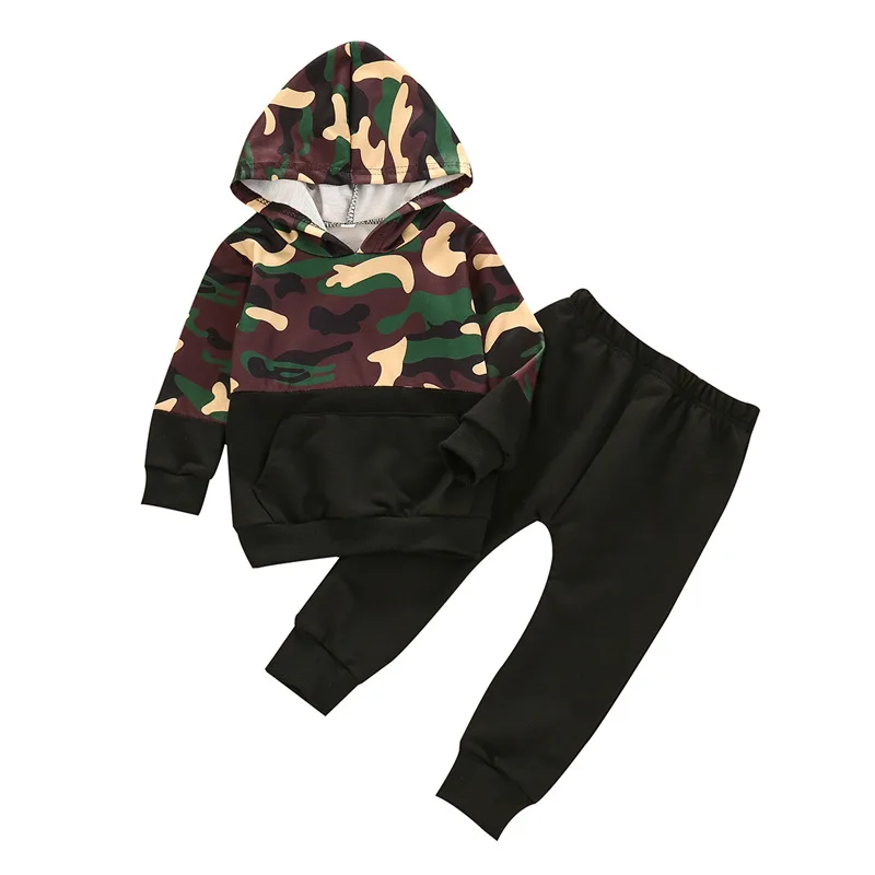 

Kids Boys Clothes Autumn Camouflage Hooded Long-Sleeved Sweatshirt Black Sweatpants 2Pc Children Clothing Sets M181