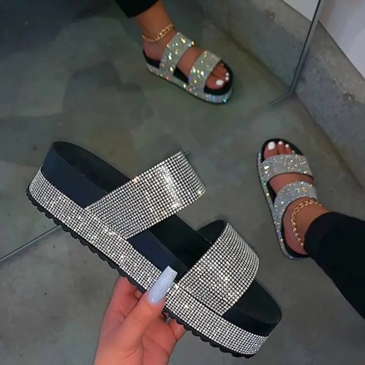 

2021 summer plus size rhinestone sequin round toe platform slippers ladies sandals