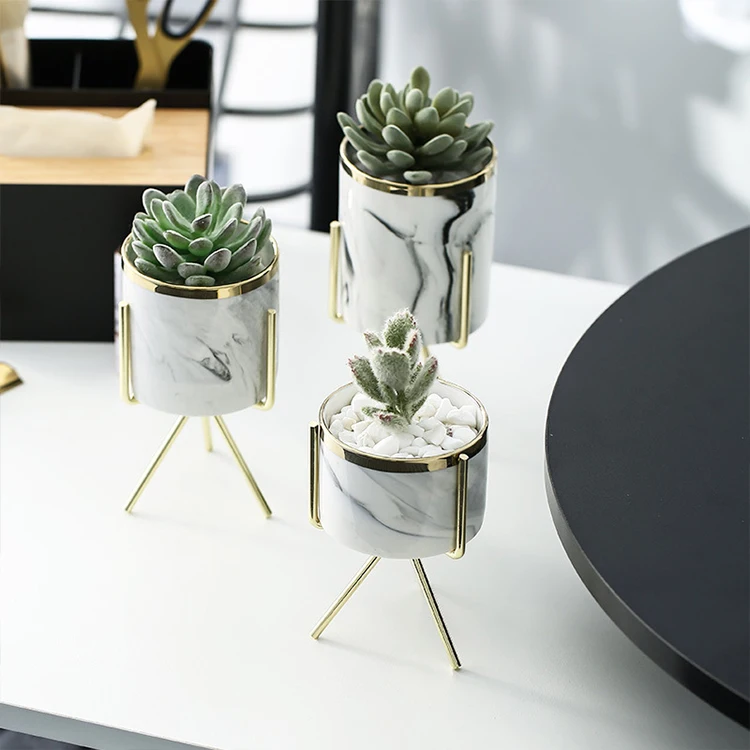 

Nordic Creative Home Decoration Succulent Marble Pattern Ceramic Flower Planter Pot With Metal Stand, Customized color