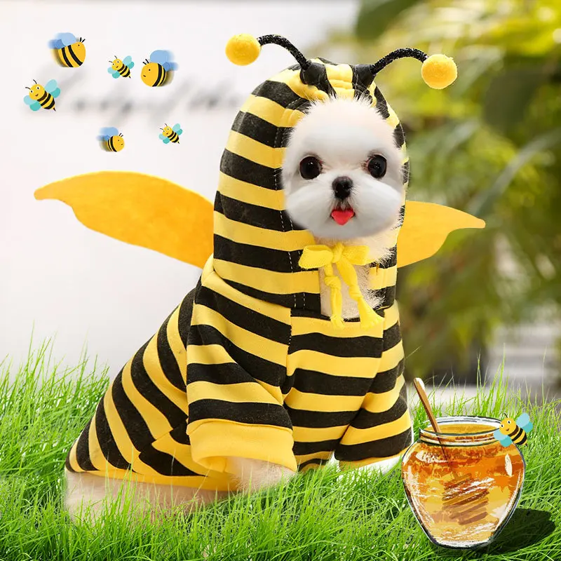 

Little bee Hooded Coat dog cat small, medium and large dog pet clothes autumn and winter plush cartoon two legged clothes, Blue
