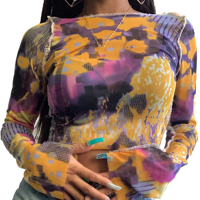 

FS3016A Sexy mesh see through floral crop tops street style long sleeve T Shirts