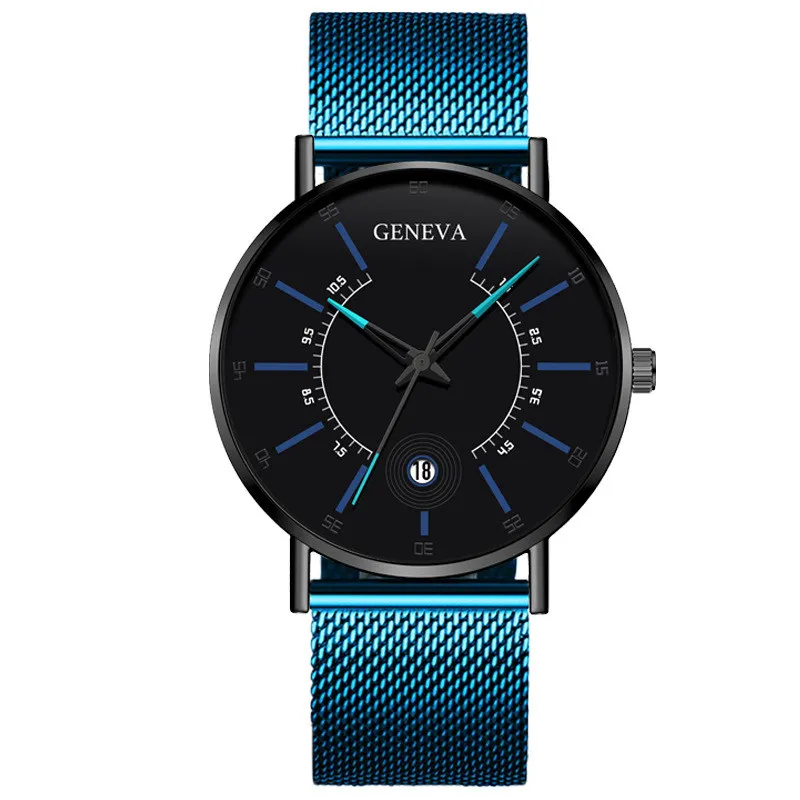 

Geneva Men's Watch Fashion Men Ultra Thin Blue Mesh Belt Simple Analog Watch Mens Quartz Watches, Picture shows