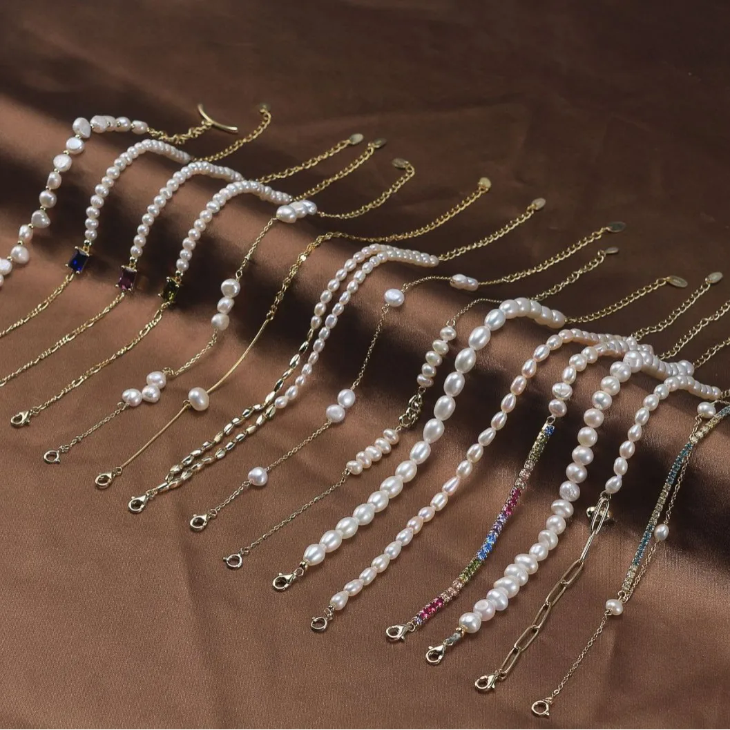 New Arrival Dainty Classic Adjustable 14K Gold Plated 925 Sterling Silver Cultured Freshwater Pearl Bracelets for Women Girl