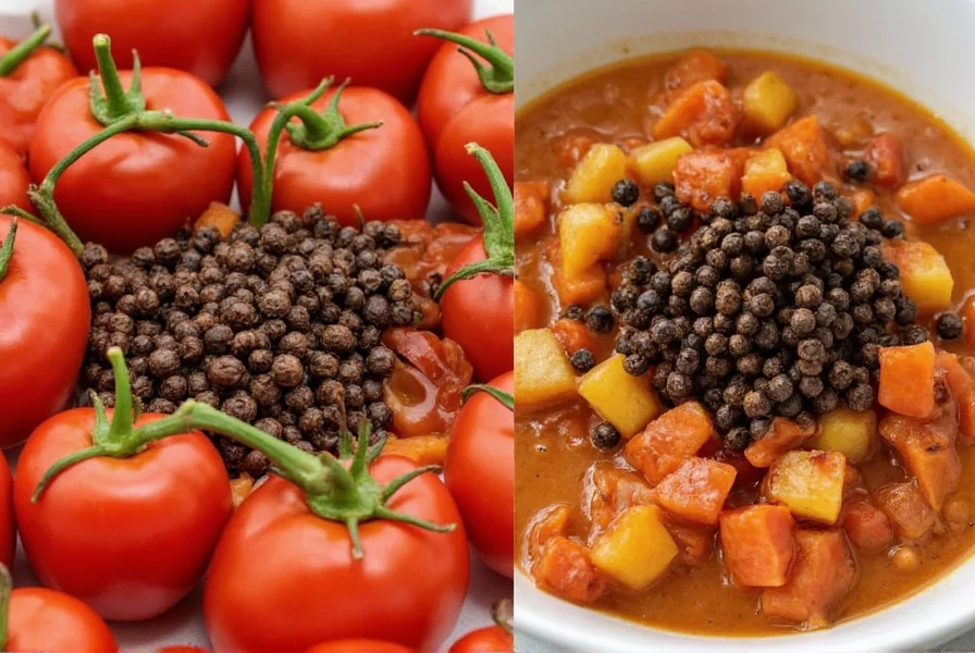 Black pepper grains next to chili peppers