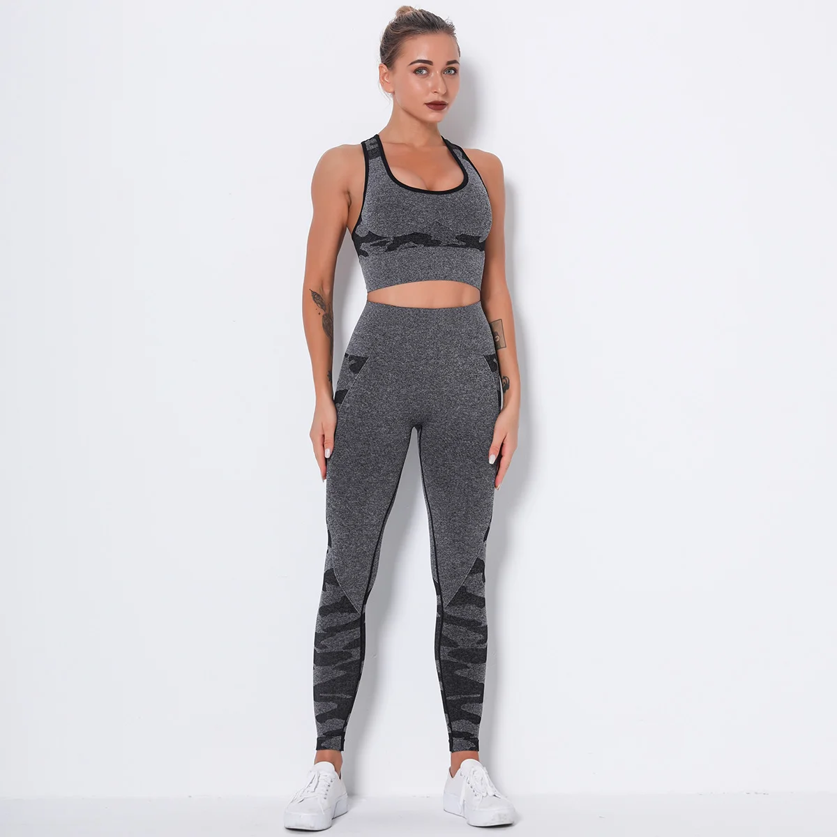 

Multiple Colour Energetic Girls Knitted Seamless Camouflage Yoga Set Casual Female Slim High Elastic Fitness Active Wear