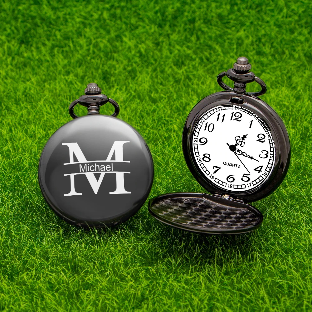 
Engraving LOGO Pocket Watch Retro Black Charm Custom Quartz Pocket Watch Man Necklace Pendant with Chain Gifts Box for Dad 