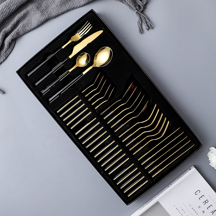 

Luxury gift set wedding party used cutlery plastic clip black handle flatware stainless steel 24 pcs golden cutlery set