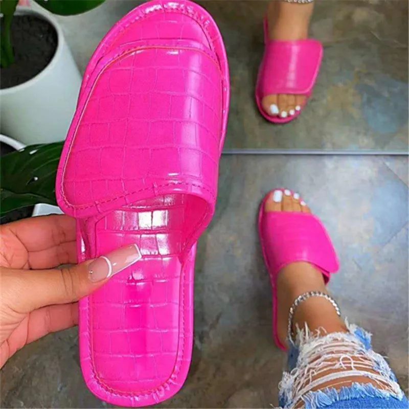 

Croc embossed new summer fashion slippers magic tape lady flat mules round peep toe outdoor wear female slides sandals
