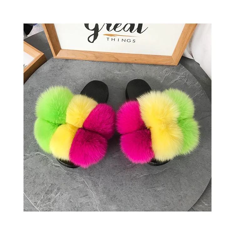 

Fashion Trend Anti-Slip Fox Fur Furry Slides Slippers Cheap Slippers, Customized color