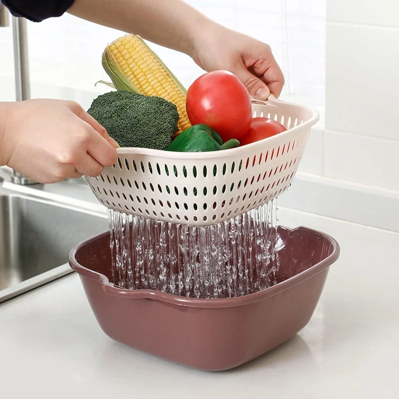 

New double-layer drain six piece a set plastic vegetable fruit household kitchen washing basket