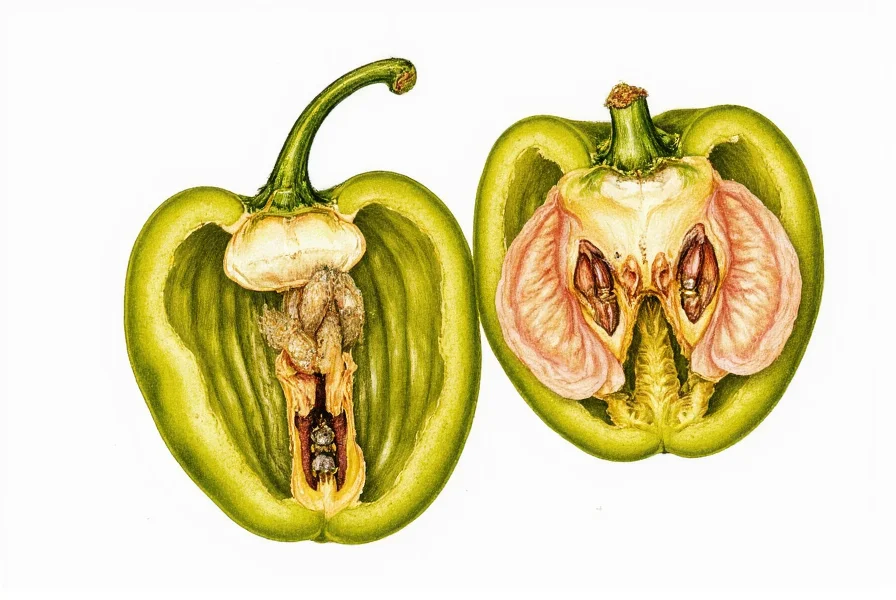 Detailed botanical illustration showing cross-section of Capsicum fruit with placenta, seeds, and flower structure for scientific classification of pepper plants