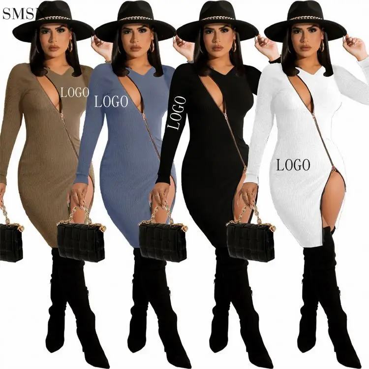

Newest Design Solid Color Long Sleeves Zipper Bodycon Short Prom Dress Cocktail Dresses Party Dresses