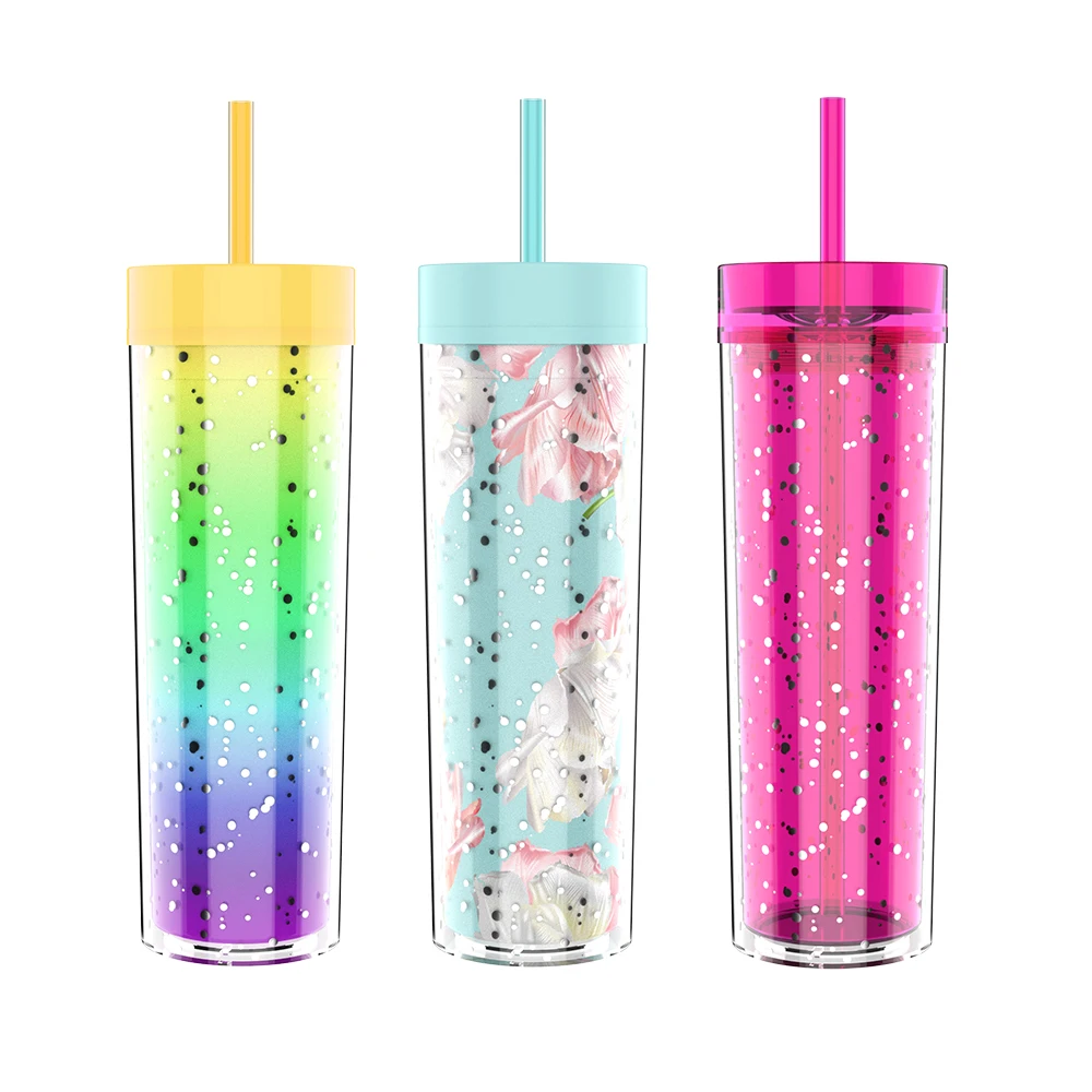 

New goods oem clear 14 oz custom reusable insertable insulated double wall plastic cups with straw, Customized color