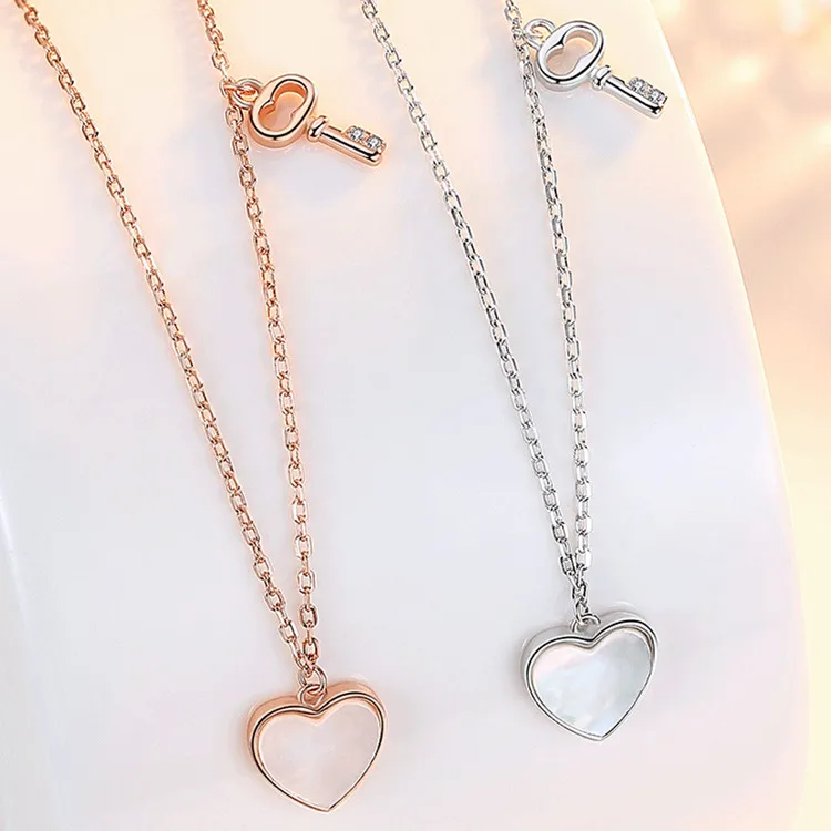 

18Inch High Quality Cheap Custom Key Heart Shell Bijoux Sterling Silver Chain 925 Jewellery Lock And Key Necklace, Platinum,rose gold