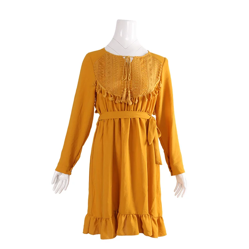 

2021 Latest Design Women Yellow Fringe Trim Tie Neck long sleeve Ruffle Hem Belted ice silk Maxi Dress