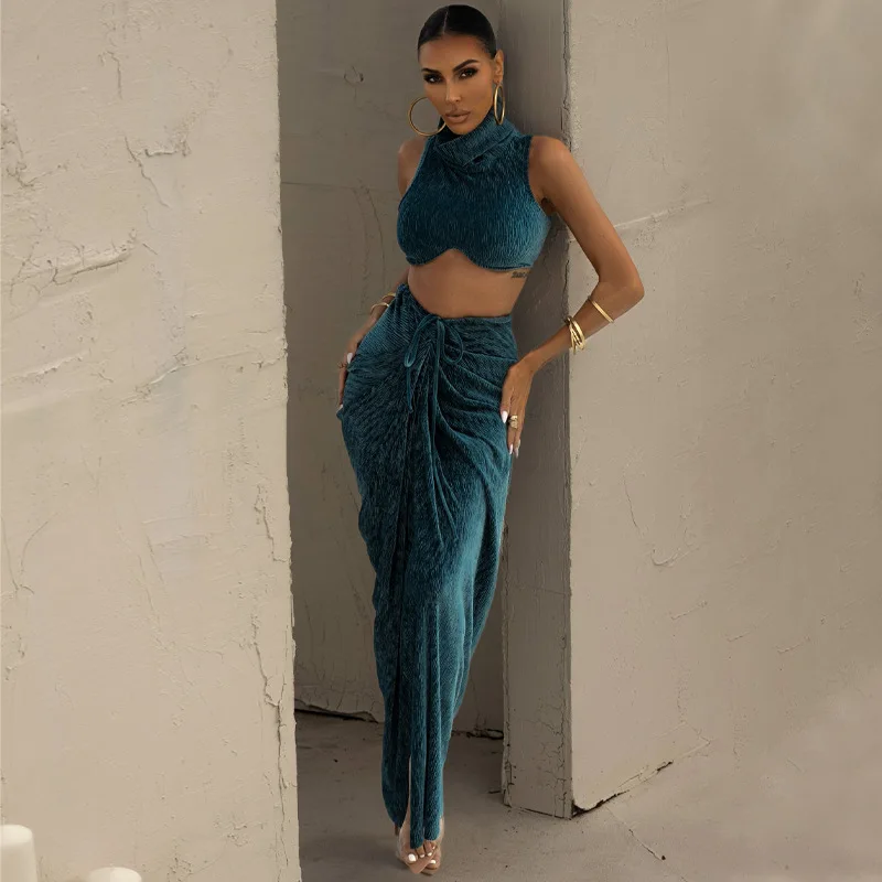 

GX11591 Fashion boutique summer women clothed street wear sleeveless turtleneck crop top and pleated slit long skirt 2 piece set