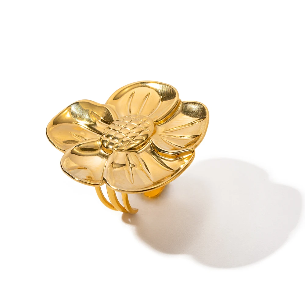 

Ins Popular Minimalist Jewelry Waterproof 18K Gold Plated Exaggerate Sunflower Stainless Steel Opening Ring