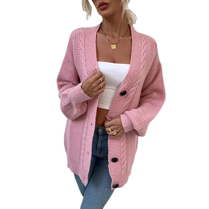 

Wholesale High Quality Knitted Cardigan Twist Mid-length Button Sweater Women's Jacket, White, pink, gray, black, khaki, army green, brick red