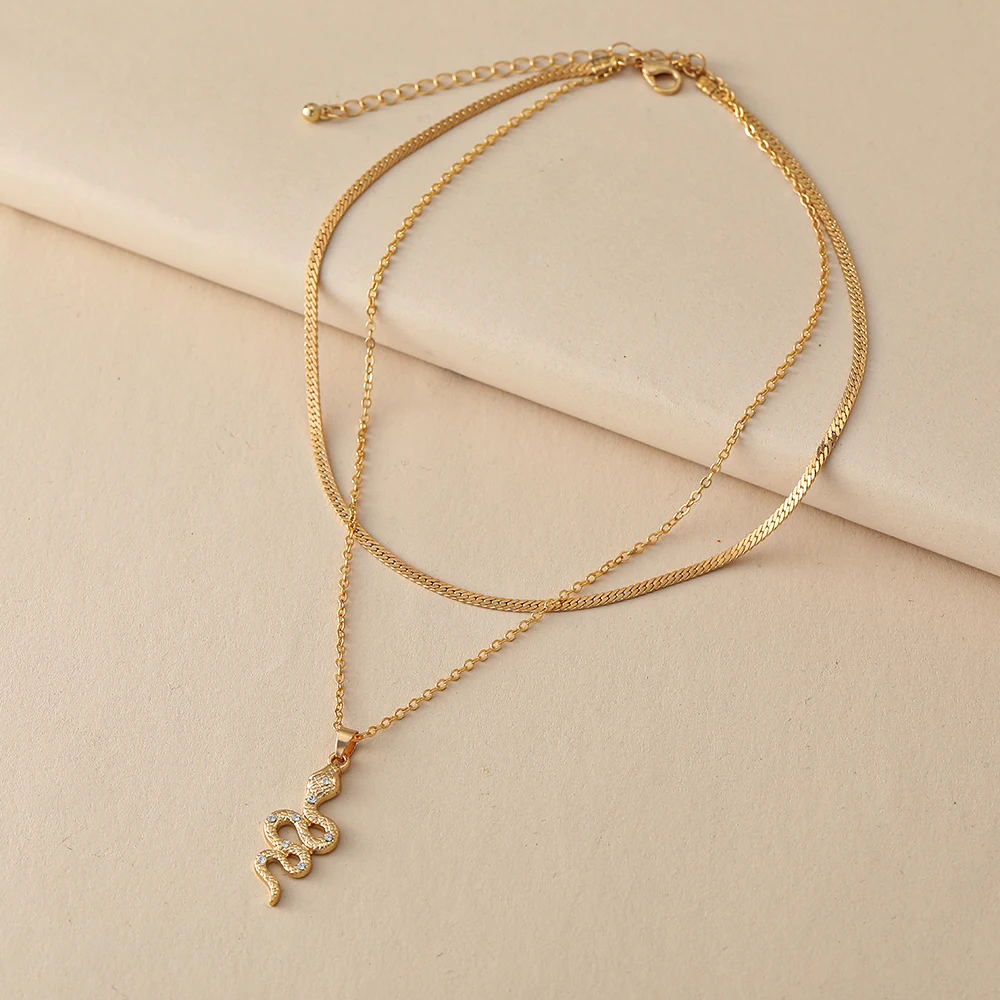 

Newest Punk Gold Layered chain Snake Pendant Necklace women's fashion diamond inlaid Chain Necklace Jewelry