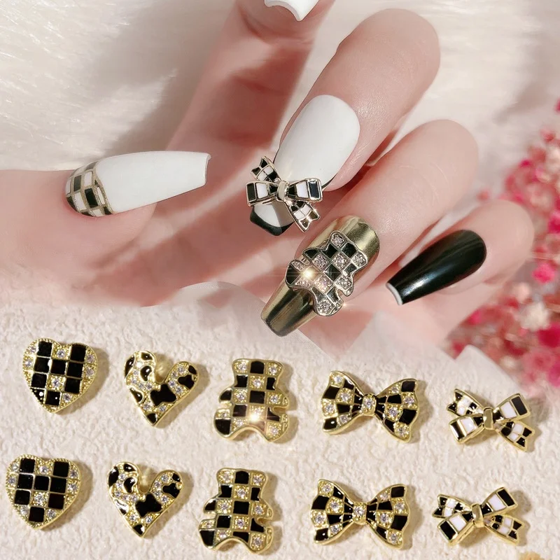 

Black and White Check Bow Bear Love 3D Nail Art Decorations Diamond DIY Manicure Design Accessories Supply