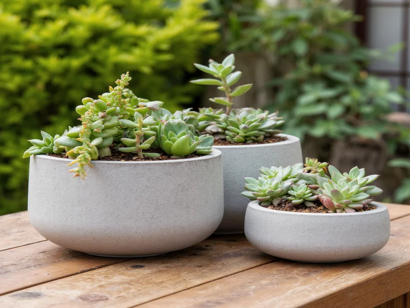 Concrete planters with succulents on wooden outdoor table