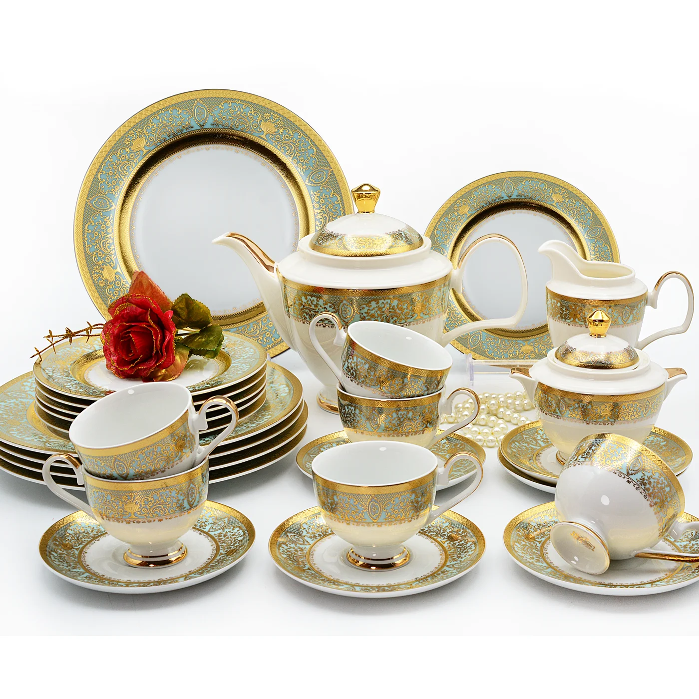 

Karosa 24-Piece Luxury Style Bone China Embossed Gold Green Porcelain Plates Coffee Tea Cups for Wedding Afternoon Tea