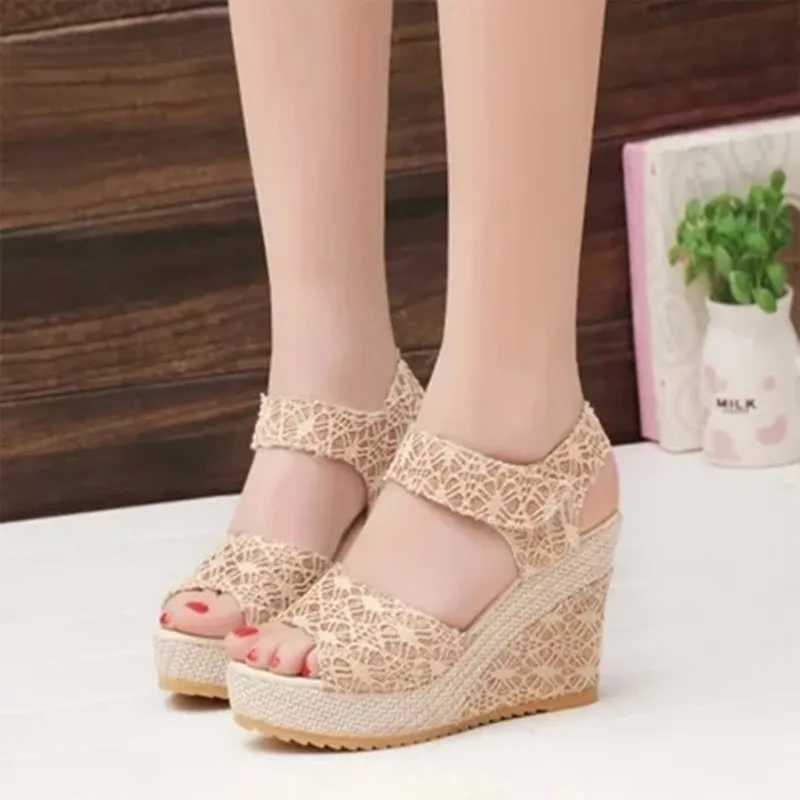 

OEM&ODM High-heeled Lace Ladies Casual Shoes Sandals Summer Breathable Fashion Girl Shoes, 2colors