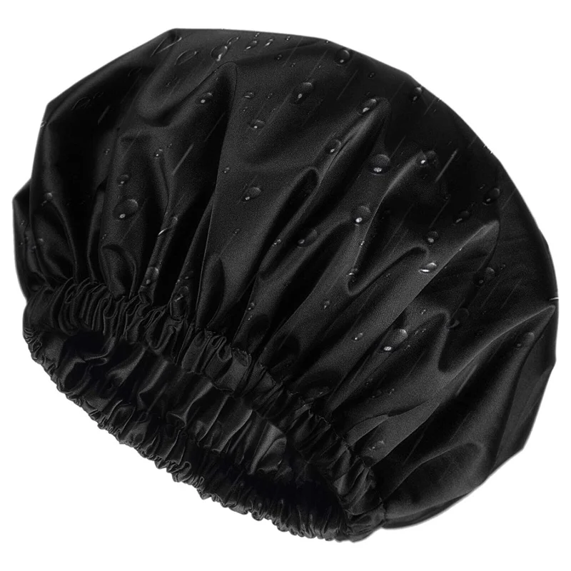 

HZO-18155 Women Satin Lined Shower Cap Double Layer Bonnet Waterproof Adjustable Reusable for Hair Protection, Can dye as you need by pantone card