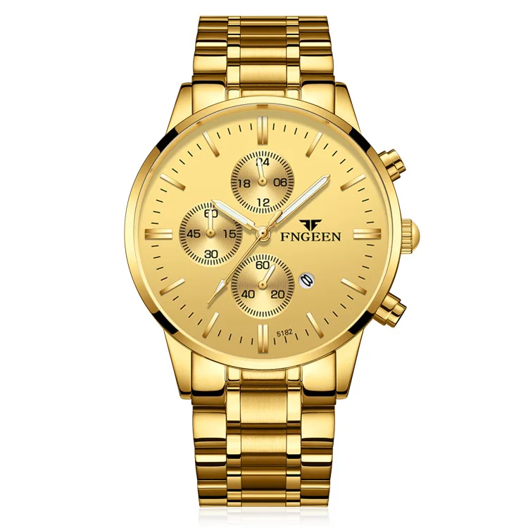 

FNGEEN 5055 stylish golden men quartz watch nice Stainless steel band water resist auto date dials decoration Leisure wristwatch