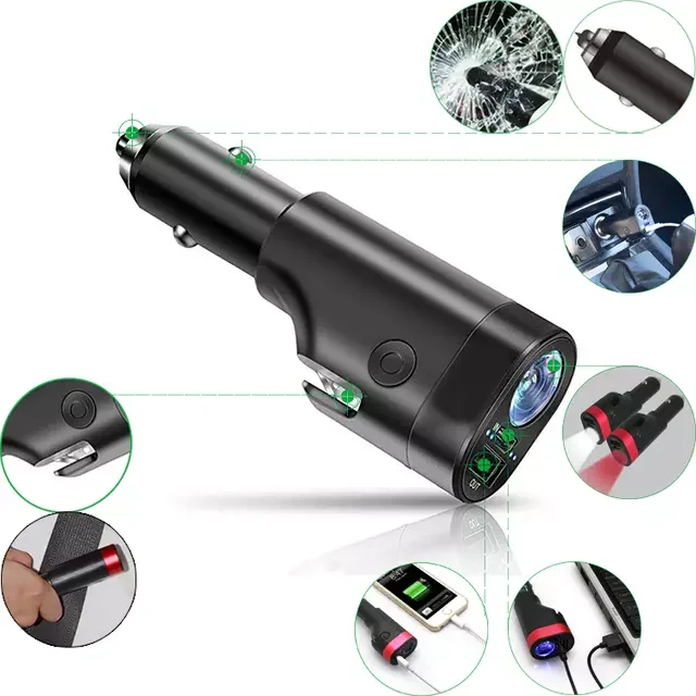 

Multi-function 6 in 1 Emergency Tool 12 volt 3.1a USB Car Charger with Led Torch
