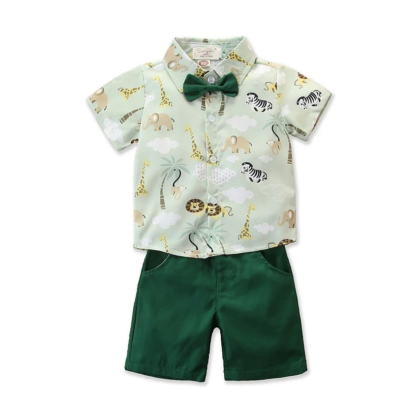 

B24258A Summer new design boy gentleman short-sleeved animal printed shirt + shorts suit fashionable suit, As picture