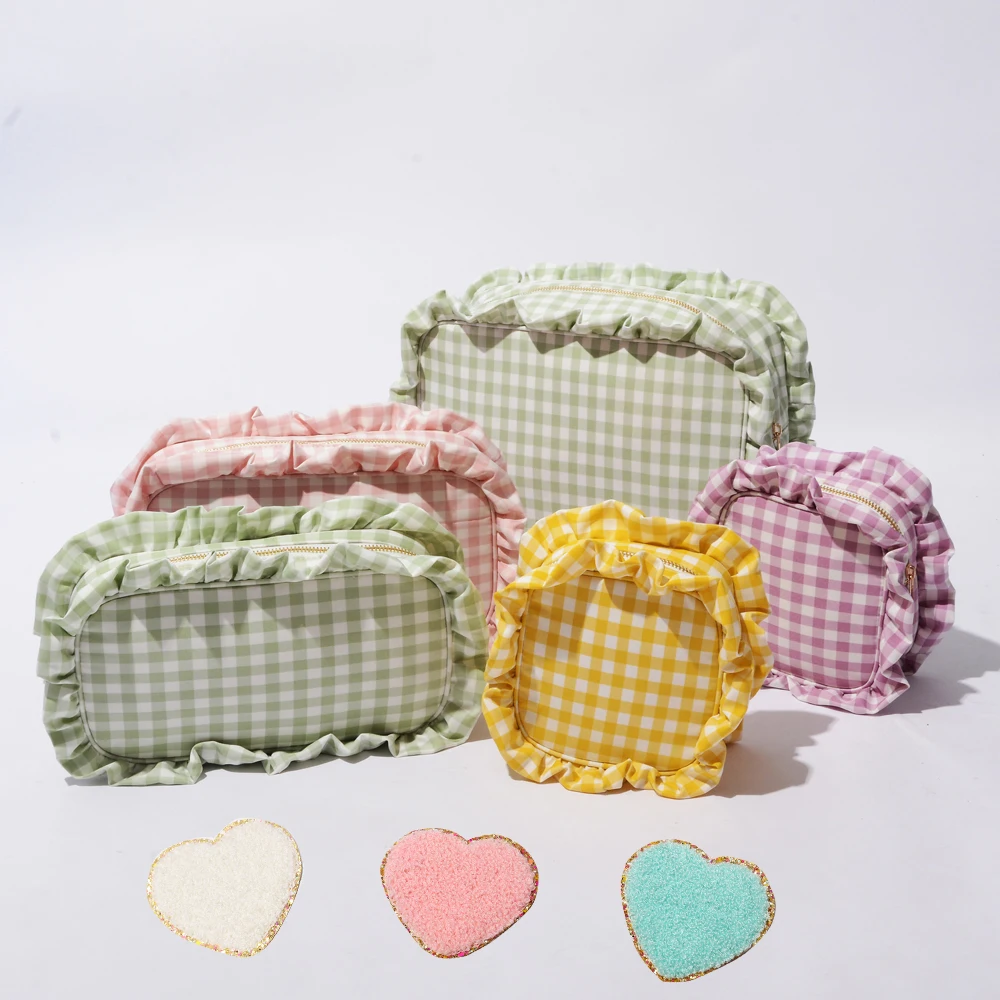 

Custom New S M L XL Multi Color Pink White Check Ruffle Bag Toiletry Travel Organizer for Women Girls Gift Cute Cosmetic Bags