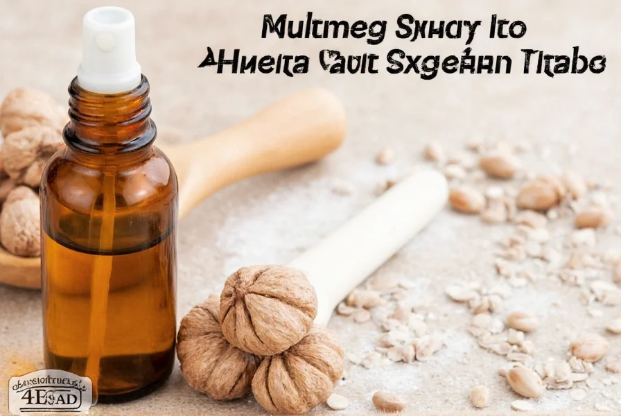 Homemade nutmeg spray ingredients including whole nutmeg, microplane grater, vodka, fractionated coconut oil, and glass spray bottle