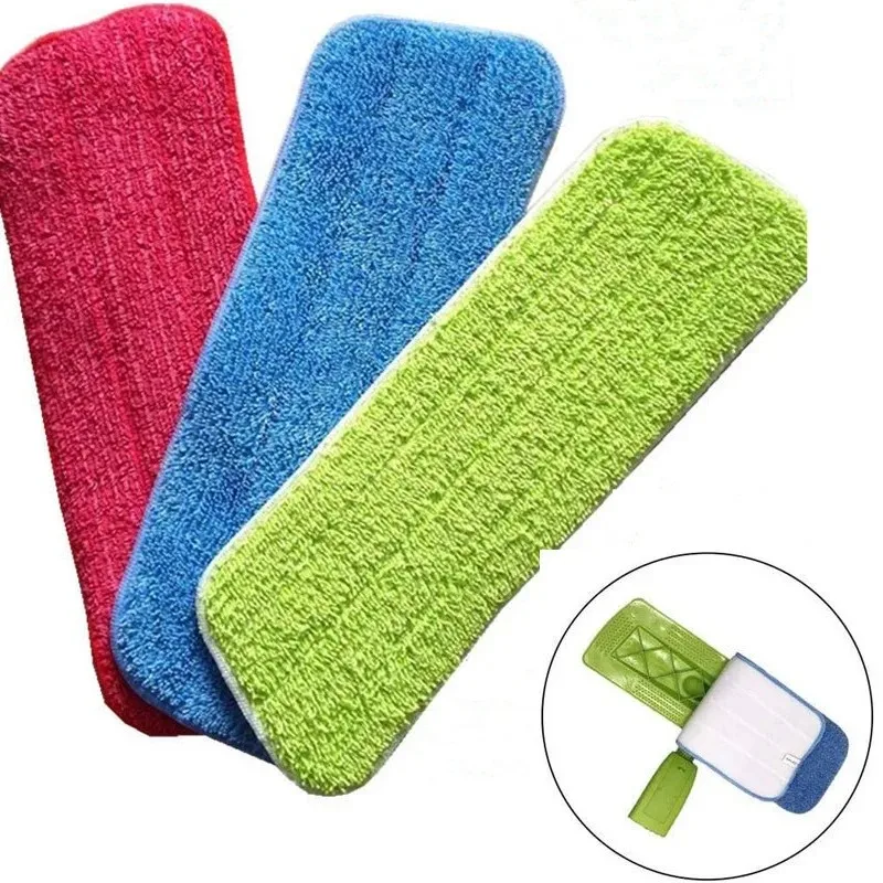 Three coral velvet flat mop replacement pads in red, blue and green, with one turned to show its pocket backing
