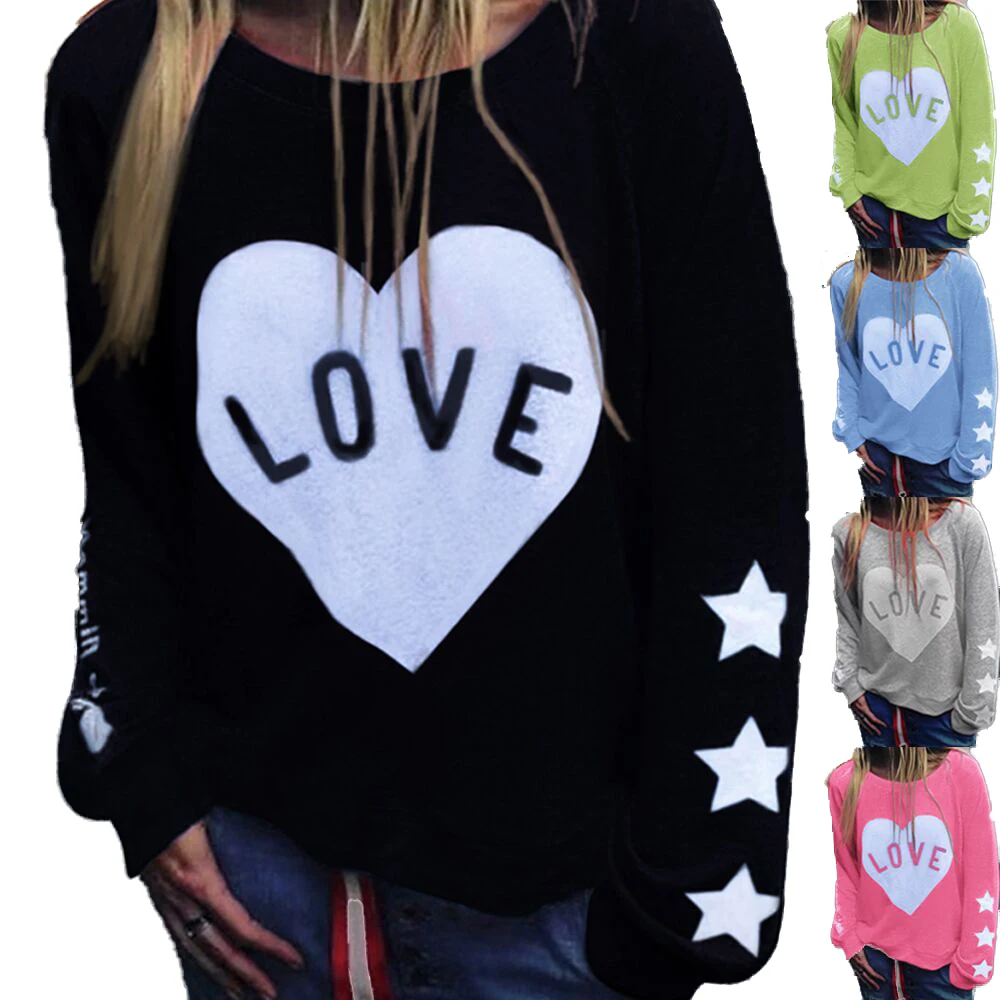 

Women Autumn Fashion Long Sleeve Solid Pullover Love Heart Print Casual Sweatshirt, As shown