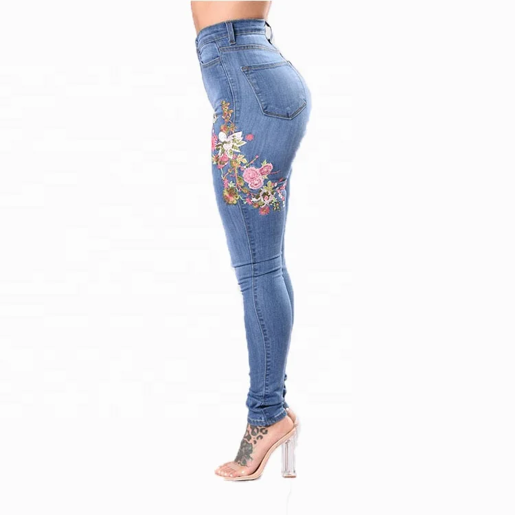 

European And American Women Trousers Embroidery Stretchy Feet High Elastic Solid Color Blue Denim Jeans