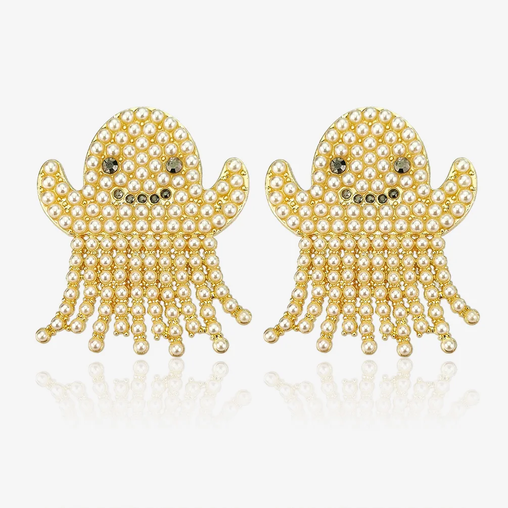 

Creative Halloween Jewelry Cute Ghost Drop Earring For Women Statement Full Rhinestone Pearls Beaded Tassel Stud Earrings Gift, Gold